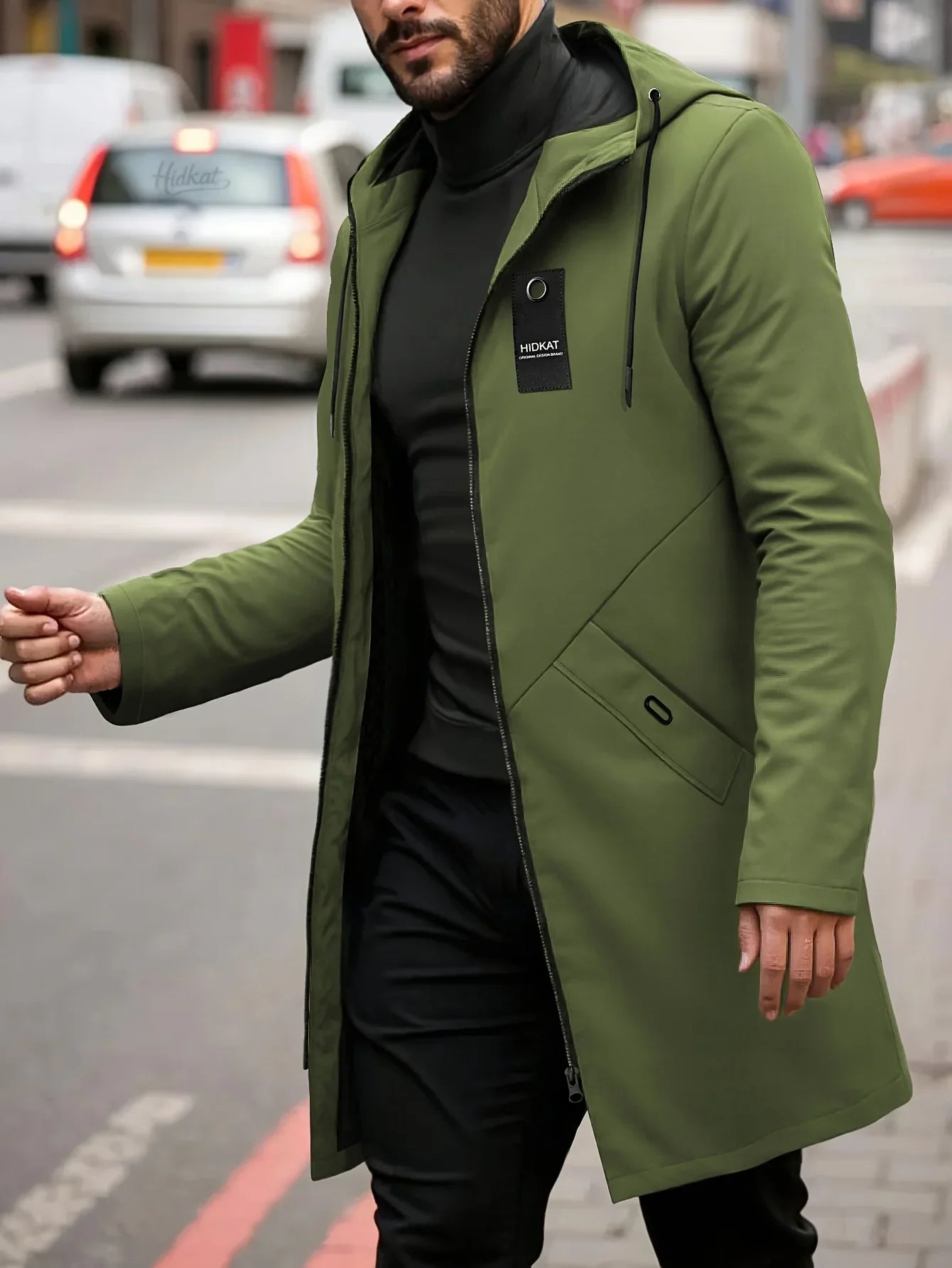 Men's Lightweight Olive Green Jacket Zip-Up Hooded Coat with Adjustable Drawstring Pockets Non-Stretch Fabric for Hiking Gym