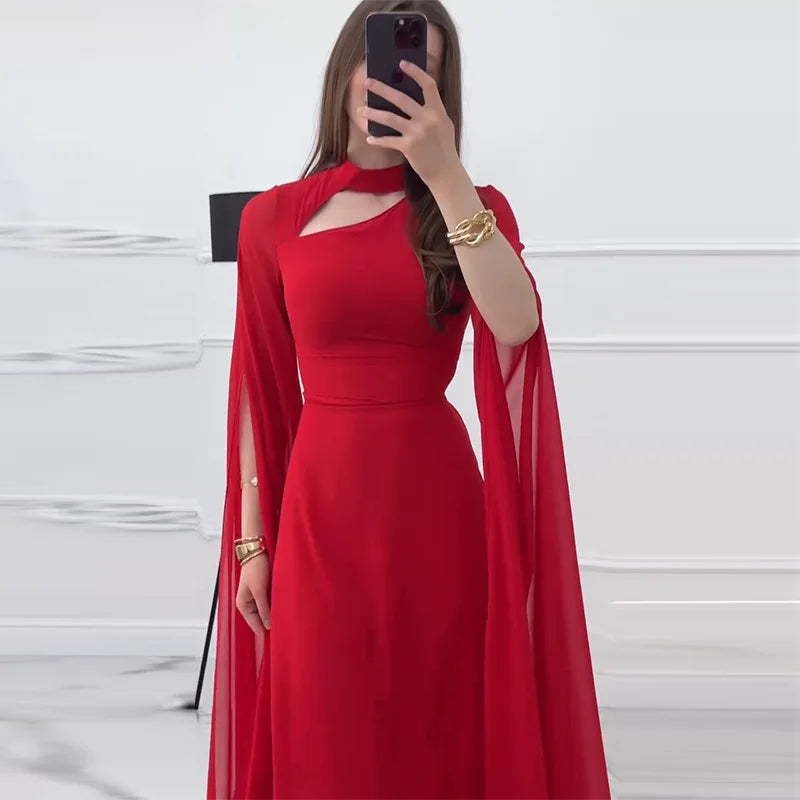 Party Dresses Women Long Dress Round Collar Solid Color Lace Up Tight Waist A Line 2025 Female Vestidos Temperament Maxi Gown