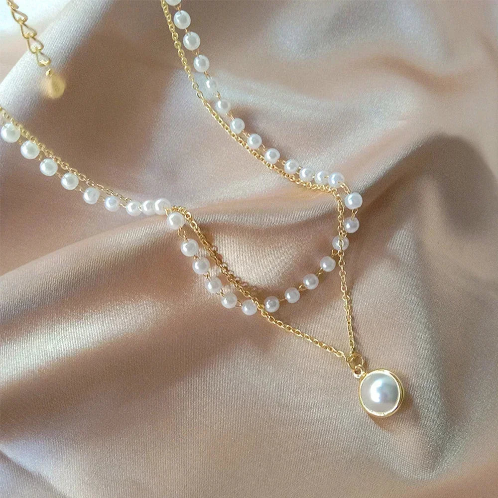 Pearl Dainty Adjustable Double Layer Chain Pendant Necklaces Gold Plated Pearl Tiny Chain Delicate Mother's Valentine Jewelry