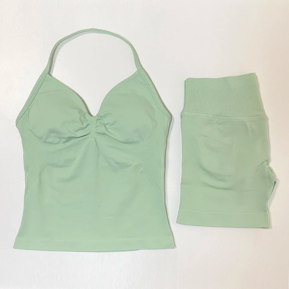 2pcs Gym Set Women Backless Tank Top and Scrunch Seamless Yoga Shorts Suits Fitness Yoga Set Activewear Workout Sets Sports Suit