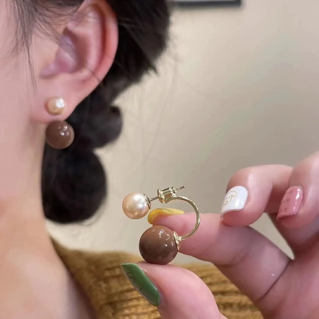 925 Silver Needle Korean Vintage Brown Pearl Earrings For Women Jewelry 2025 Trending New Luxury Women's Red Ball Earrings gifts