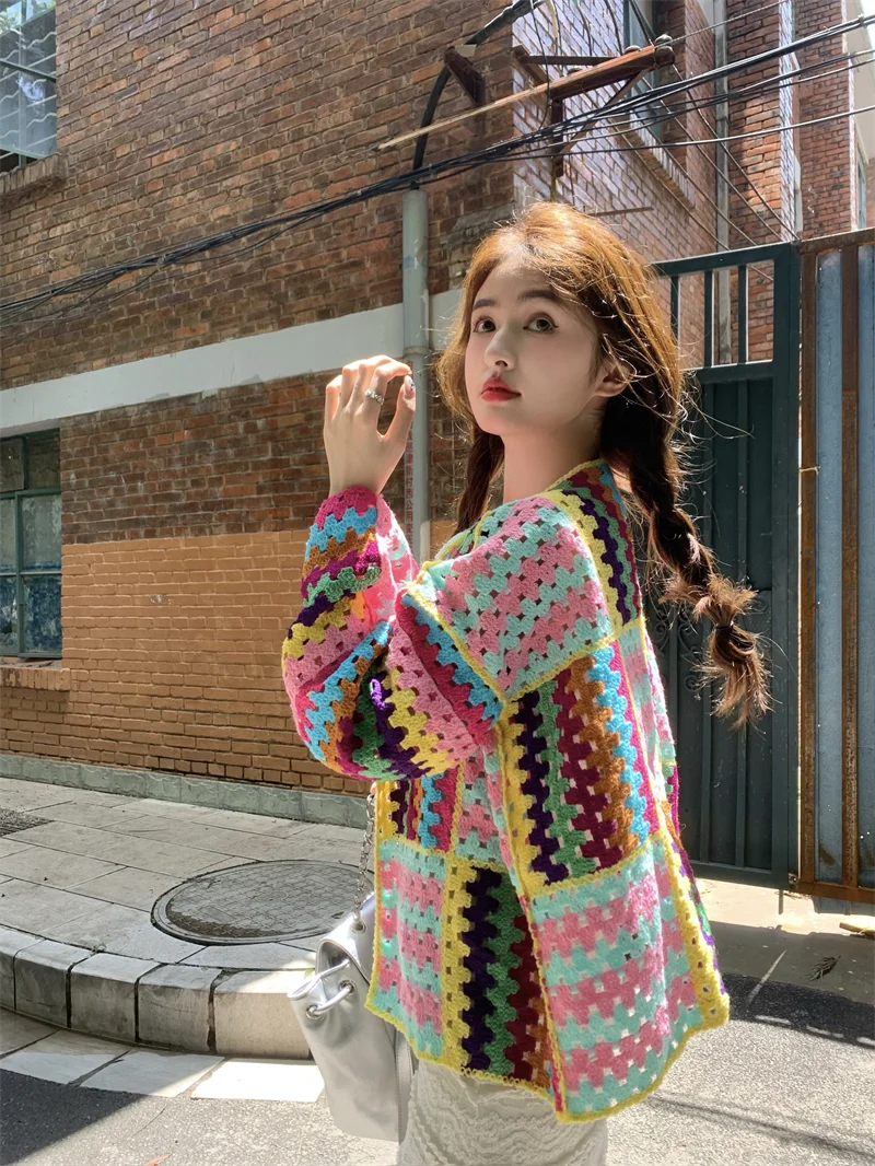 SALIENCY Colorful Crochet Knit Hollow Cardigan Sweater Jacket Women Spring Top Loose Short Knitwear