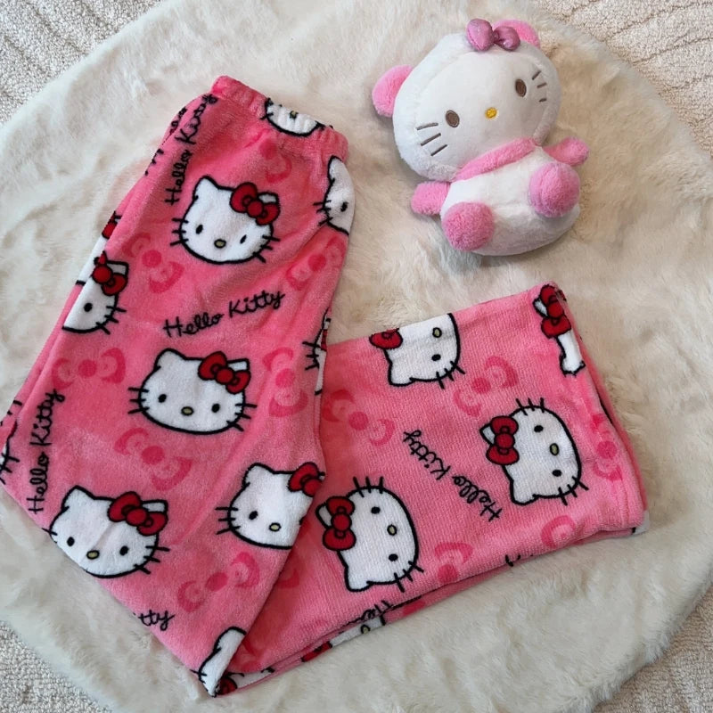 2024 New Sanrio Hello Kitty Kuromi Flannel Pajamas Warm Pants Female Winter Fleece Casual Homewear Pants Leisure Wear Girl Gift
