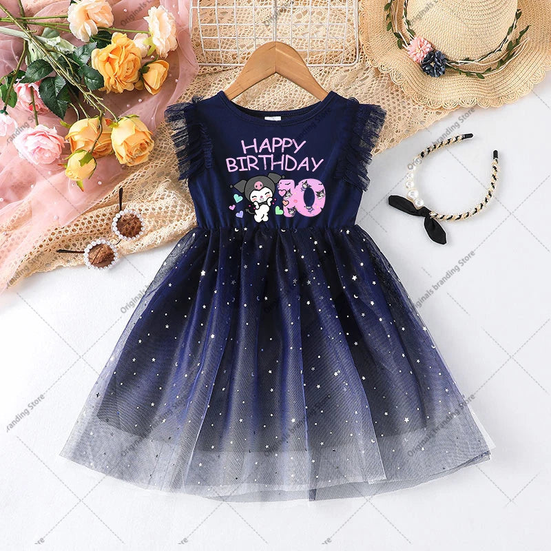 Kuromi Baby Dress Birthday Number Girl Party Dresses Children Cute Mesh Star Sequins Princess Dress Kids Flying Sleeve Skirt