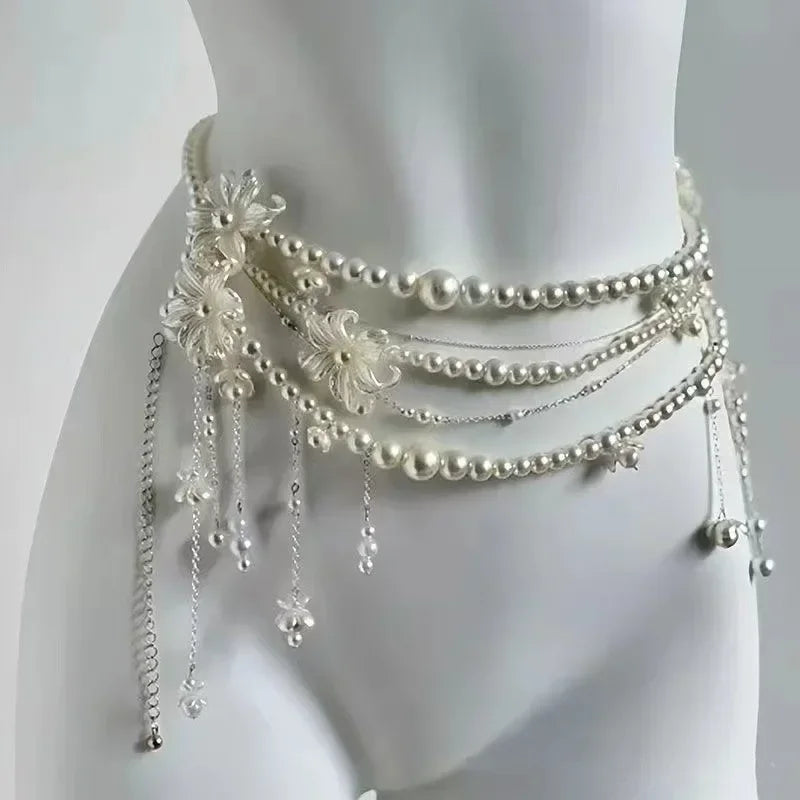 Y2K Designer belt Jewelry Multilayer Pearl waist chain for Women's Fashion Retro Character Playing Body Accessories Party Belts