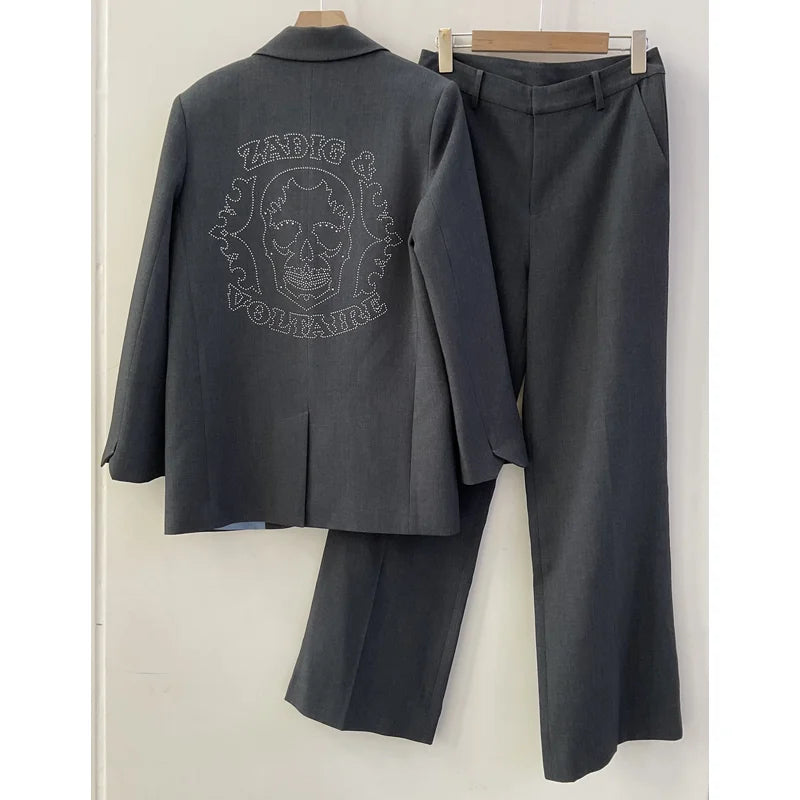Grey Blazer Pant Sets Women Letter Skull Diamond Blazers Ladies Casual Gray Pants Zadig Female Suits Lapel Coats Trousers Suit