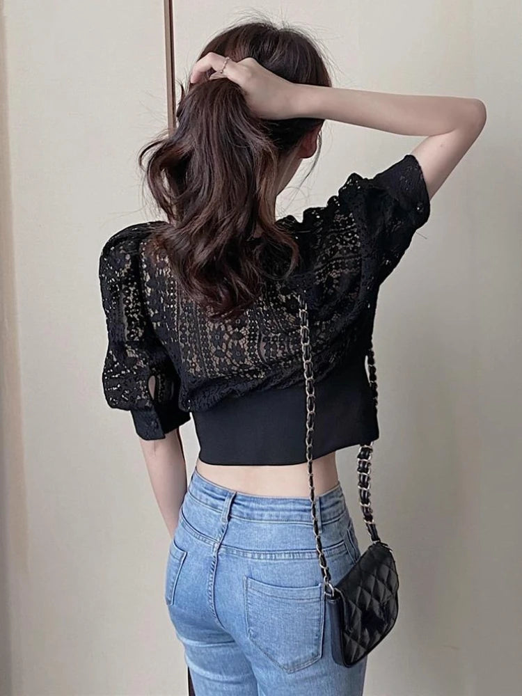 Woherb Sweet Crochet Top Blouse Women Sexy Hollow Out Shirt Vintage Puff Sleeve Korean Shirts Fashion Chic Tops Blusas