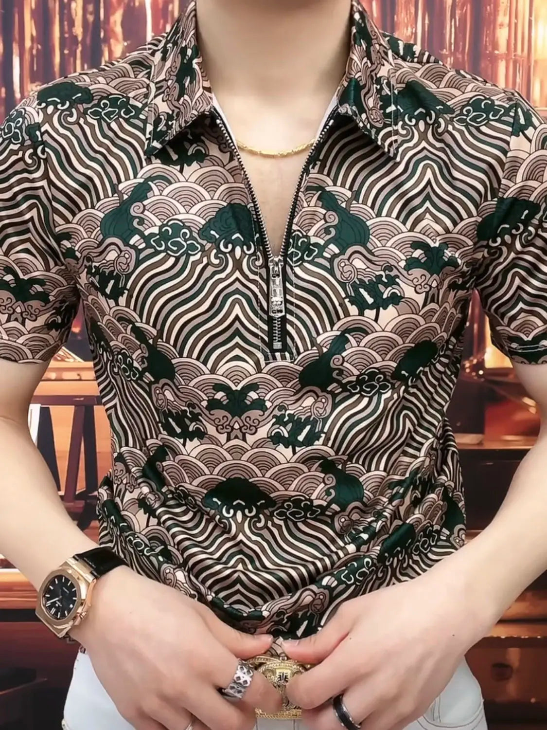 New Chinese Trend Leading Half-zip Men's Short-sleeved Shirt, Hong Kong Style Top