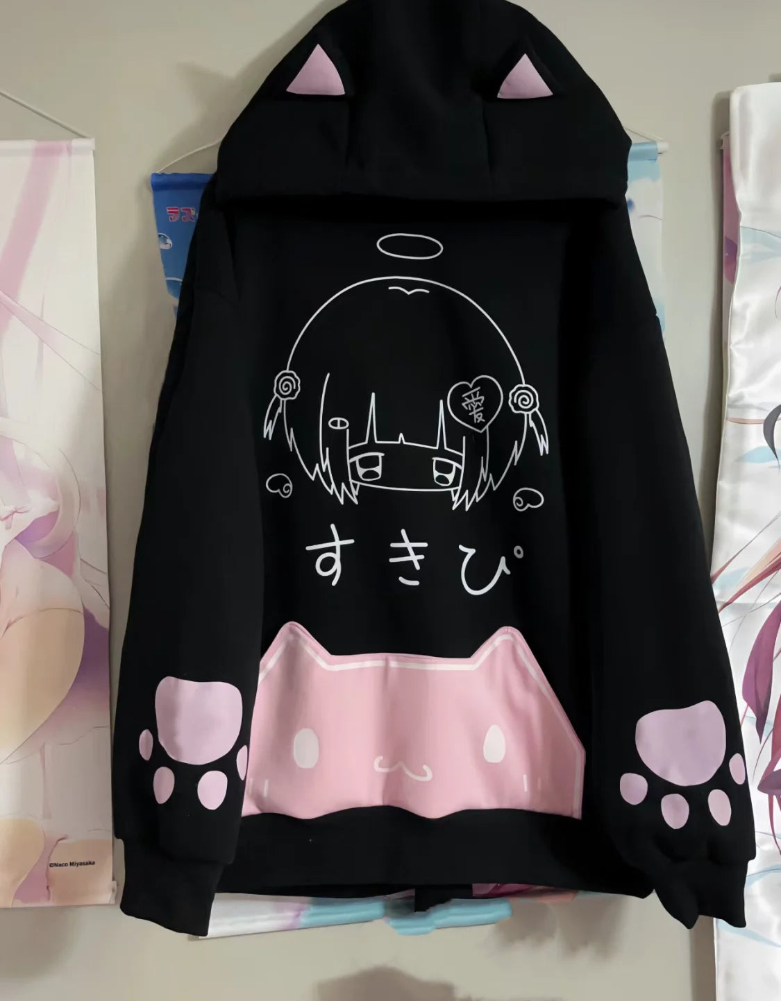 日本の漫画プリントフリースパーカー レディース 原宿ゴシック 猫耳 フード付き ヴィンテージ パーカー ストリートウェア Y2K 美的 スウェットシャツ