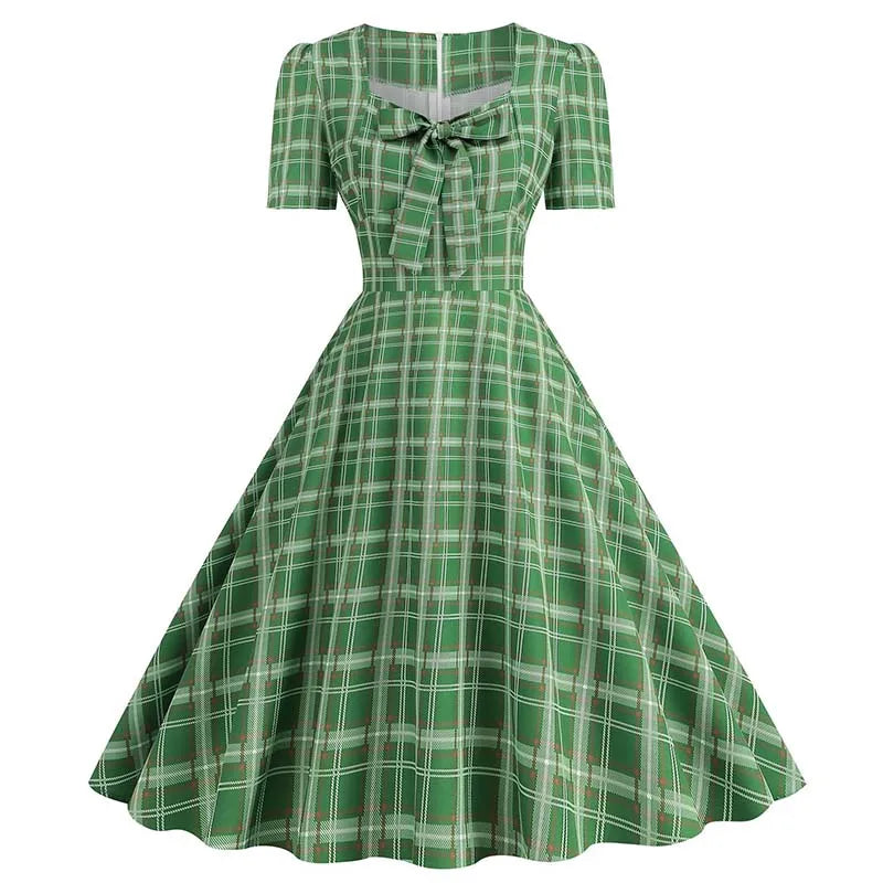 Green Plaid Swing Party Dresses Women Elegant Vintage Square Collar Short Sleeve Casual Summer Dress