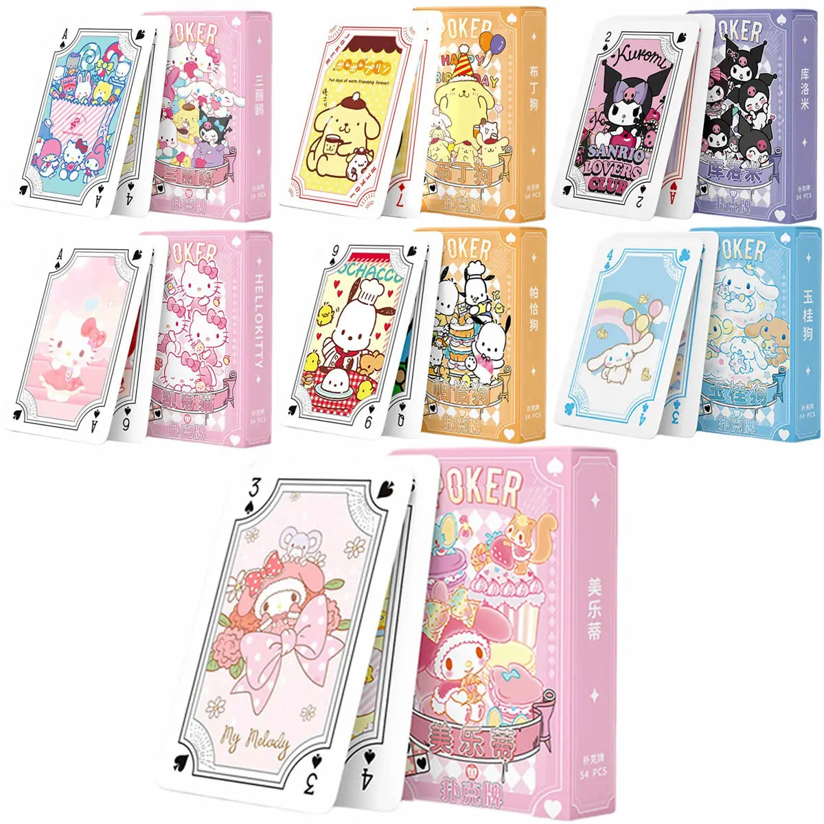 Hello Kitty Poker Cards Cartoon Fun Kuromi Cinnamoroll Melody Kid Sanrio Kawaii Playing Card Board Game Toy Deck Card Collection