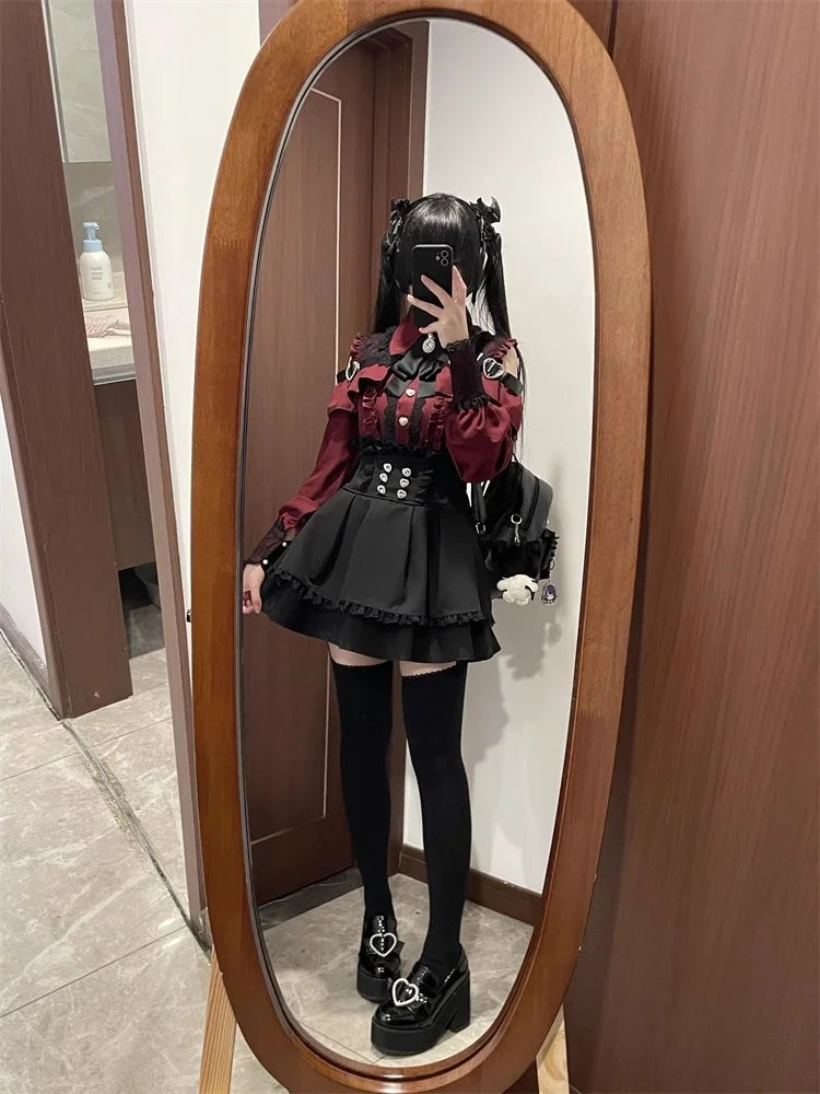 Kawaii Off Shoulder Long Sleeve Shirts Women Black Short Skirt Set Y2K Gothic Ruffle Skirts Lace Lolita Shirt Gown Suit 
