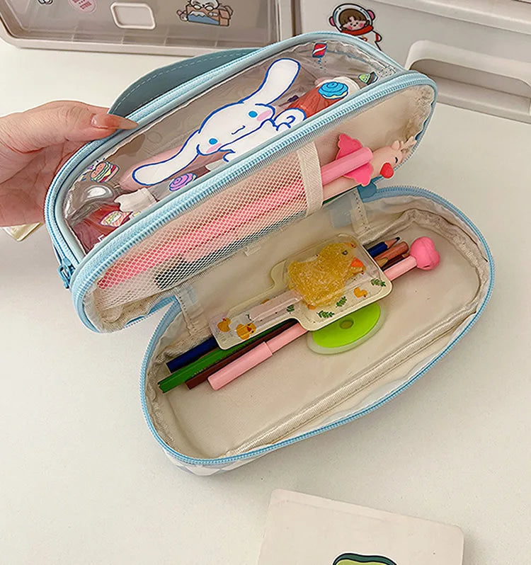 Cartoon Hello Kitty Pencil Case Cute Sanrio Kuromi Large Capacity Double Layer Multifuntion Portable Pen Cosmetic Bag Kids Gift