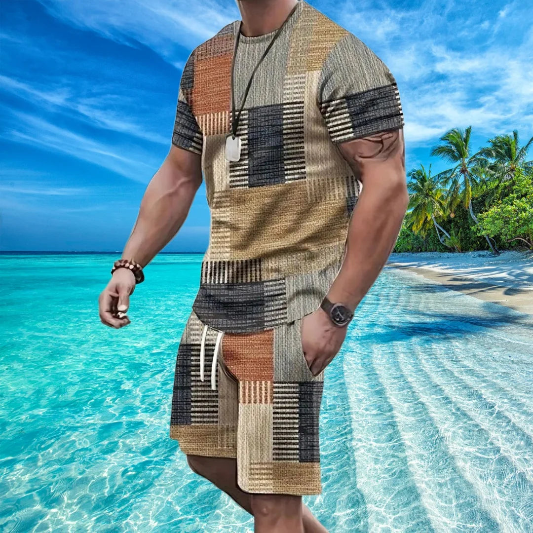 Men Patchwork 3d Printing Short Sleeve Shorts Suit Summer Outdoor Sportswear Casual Fashion Sets Sweat Absorbent and Comfortable