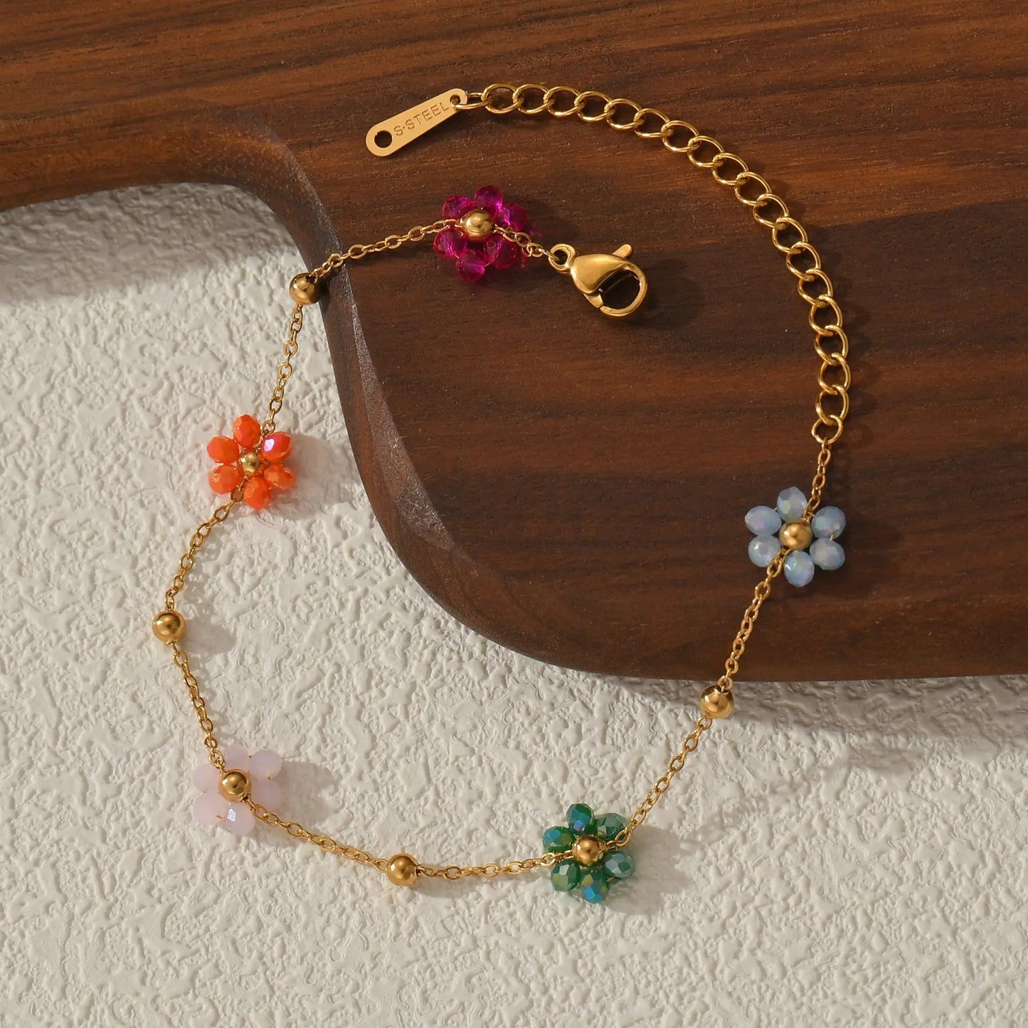 Freeteeme Fashion Colorful Flower Bracelet for Women Girls Stainless Steel Jewelry Gold Color Beads Chain Valentine's Day Gift