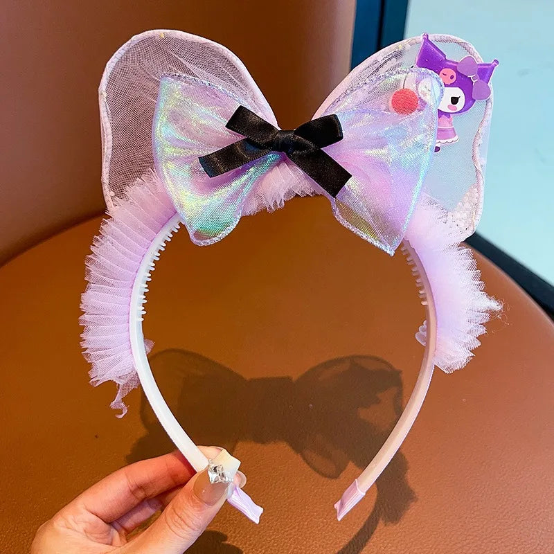 Kawaii Sanrio Kuromi Children Headband Hello Kitty Melody Cinnamoroll Cartoon Bow Shiny Hairband Hair Accessories Christmas Gift