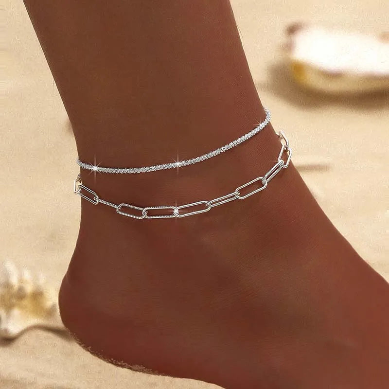Sparkling Thin Chain Anklet For Women Zircon Heart Cross Pendant Double Layer Bracelet On Leg Foot Trendy Summer Beach Jewelry