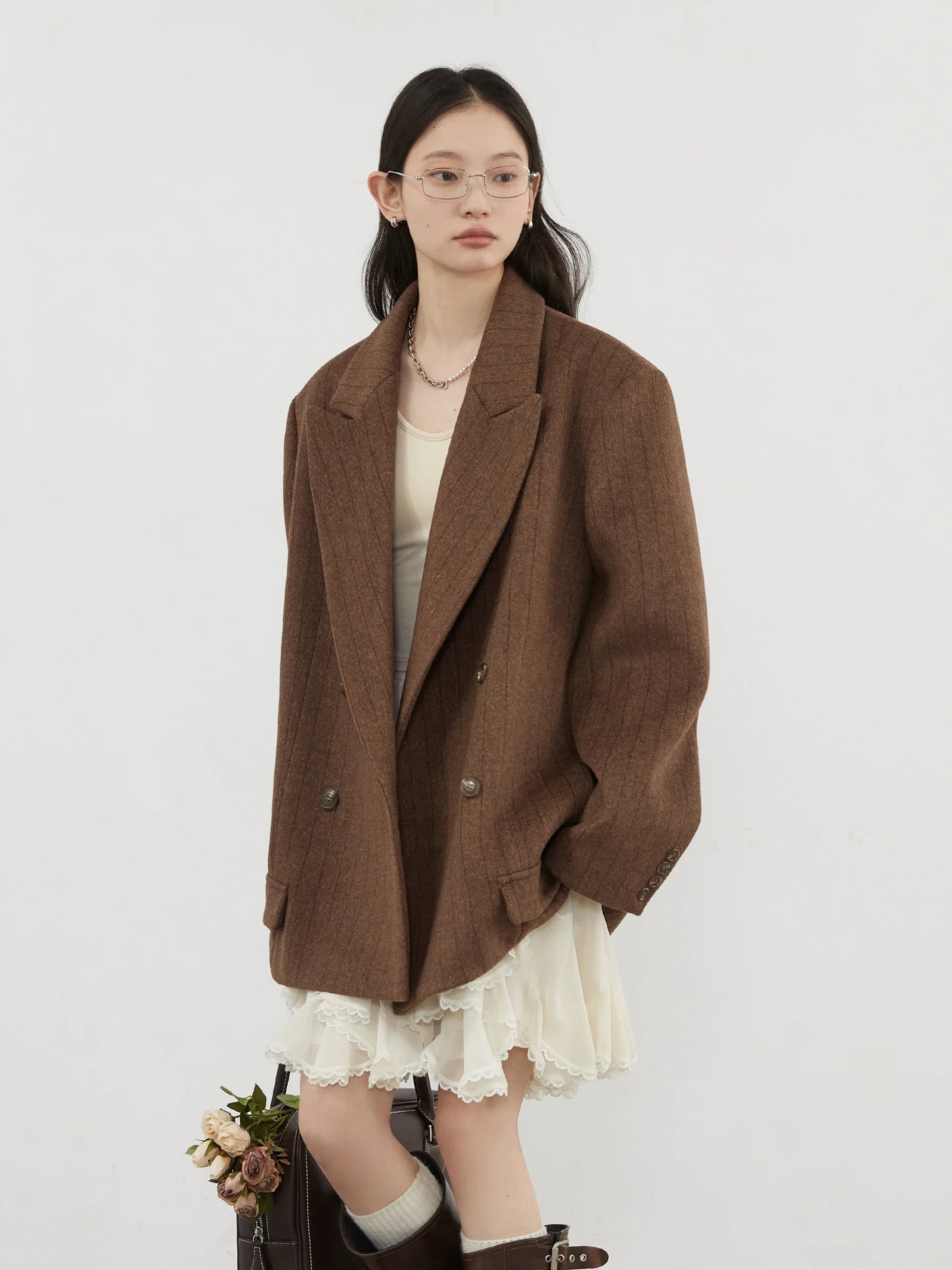 CHIC VEN Women Woolen Blazer Loose Vintage V Neck Female Jacket Suit Double Breasted Office Ladies Coat Spring Autumn 2025