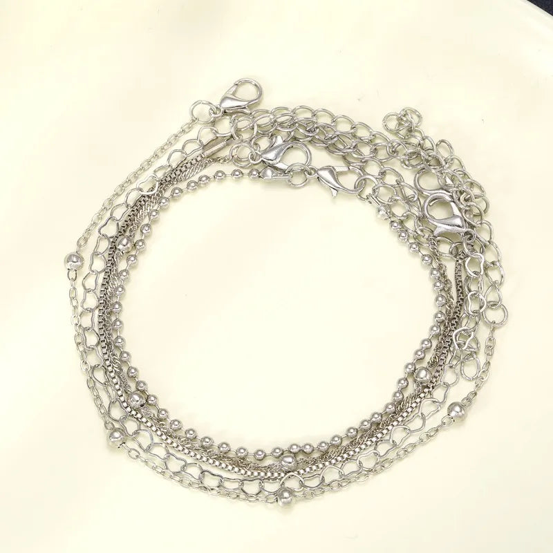 5-piece Bracelet Set, Women's Alloy Round Bead Heart Chain, Minimalist Box Chain Bracelet