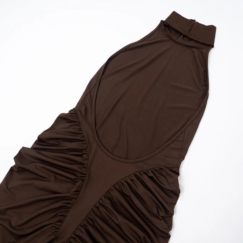 Mozision Turtleneck Backless Ruched Sexy Maxi Dress Women Brown Off-shoulder Backless Bodycon Club Party Long Dresses Female
