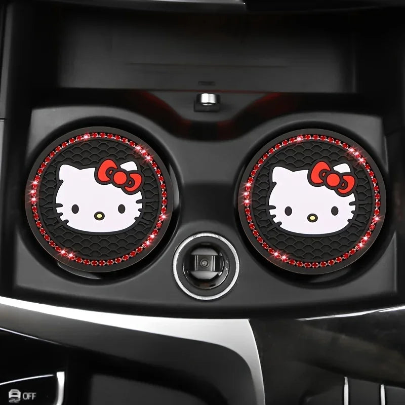 2pcs Kawaii Sanrio Hello Kitty Car Coaster,Cute Cartoon Non-slip Heat Insulation Coasters, Cup Pads Mat, Cup Holder Decoration