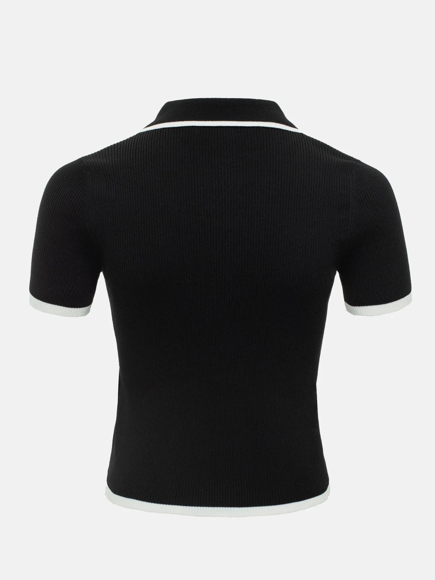 Knit Sweater Pullover Women Short Sleeve Patchwork Slim Lapel Elegant Contrast Knitwear Top Female Skinny Ribbed Pullover