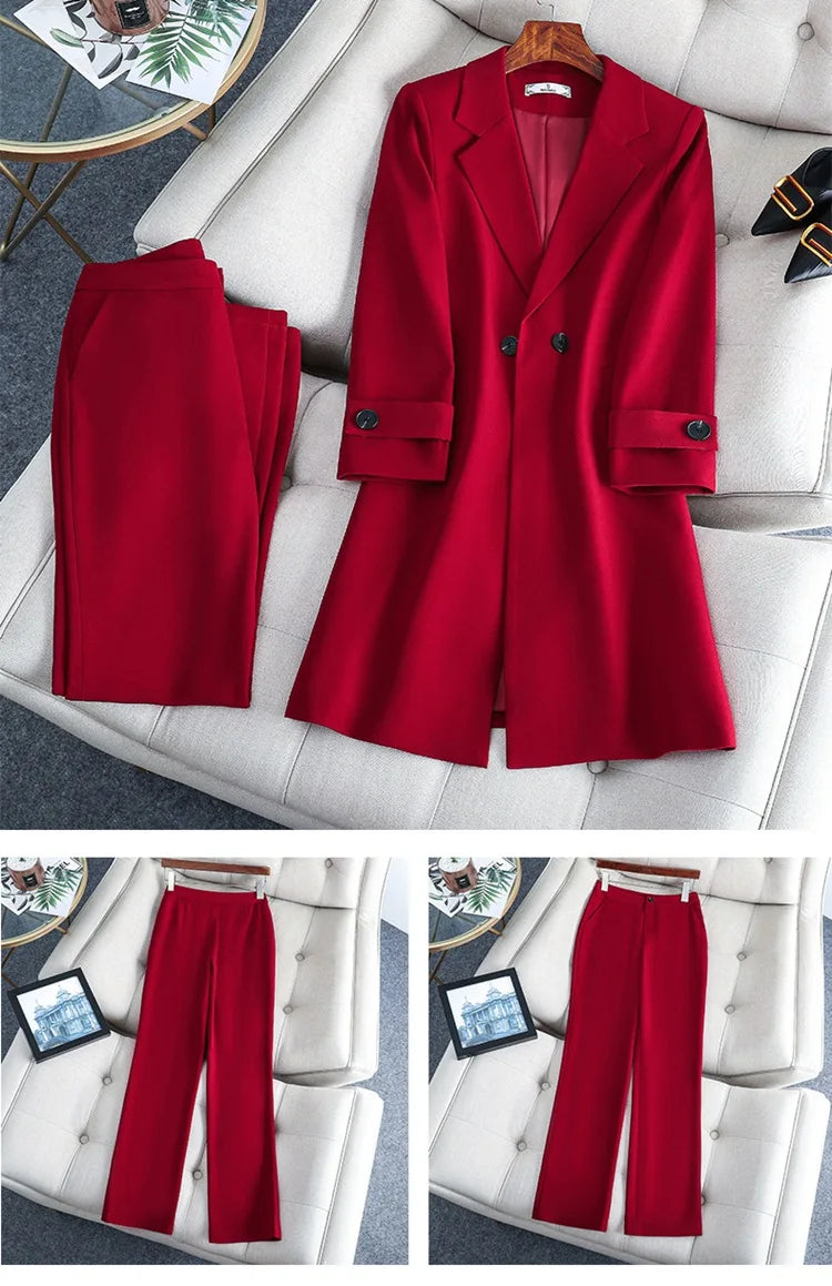 2022 Winter High-end Women's Business Suit Pants Two-piece Set Temperament Slim Solid Color Lady Double Breasted Trench Coat