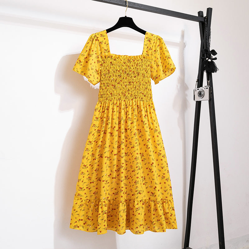 Summer Autumn Fashion Female Short Sleeve Elastic Waist Printed Floral A-line Midi Dress Women Chiffon Dresses Casual Dress