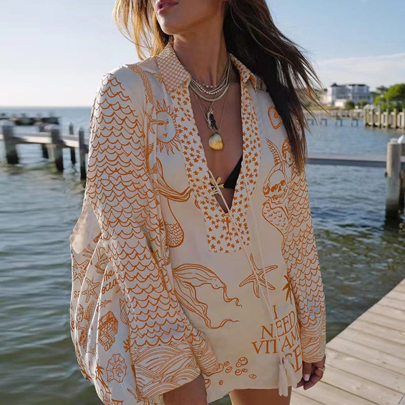 Women Group Of Pants Set Lady Pattern Print V-Neck Long Sleeve Shirts&Shorts Vacation Outfits Summer Satin 2Pcs Temperament Suit