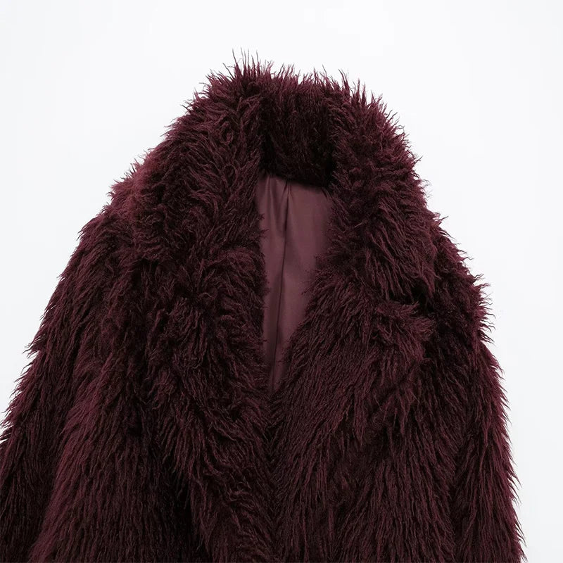 Koekop Women's Fashion Burgundy Asymmetric Thick Collar Fur Coat Vintage Casual Chic Temperament Lady Short Jacket