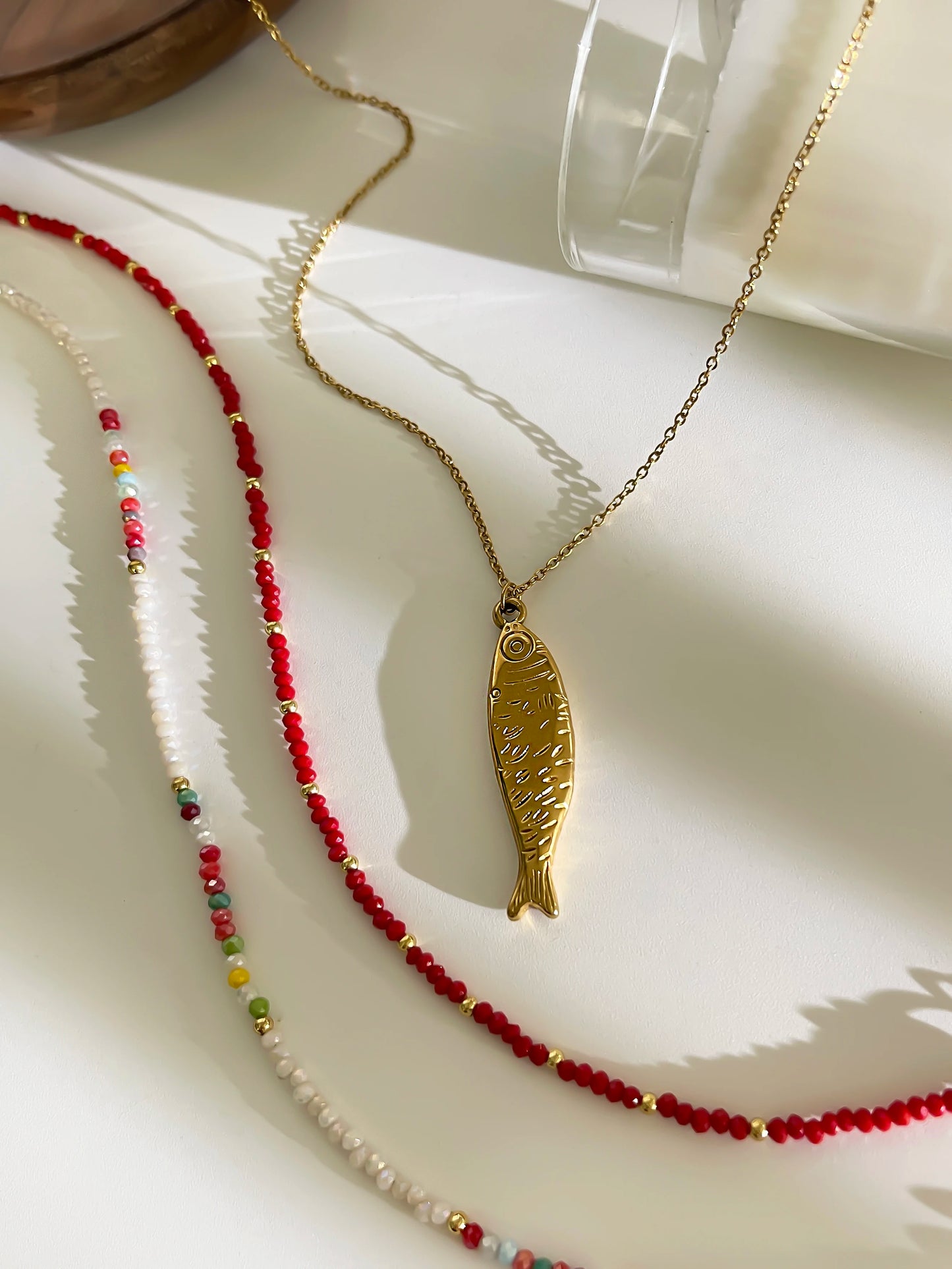 Peri'sbox Boho Colorful Acrylic Beaded Chain for Women 18K Gold Plated Solid Fish Pendant Necklace Waterproof Stackable Jewelry
