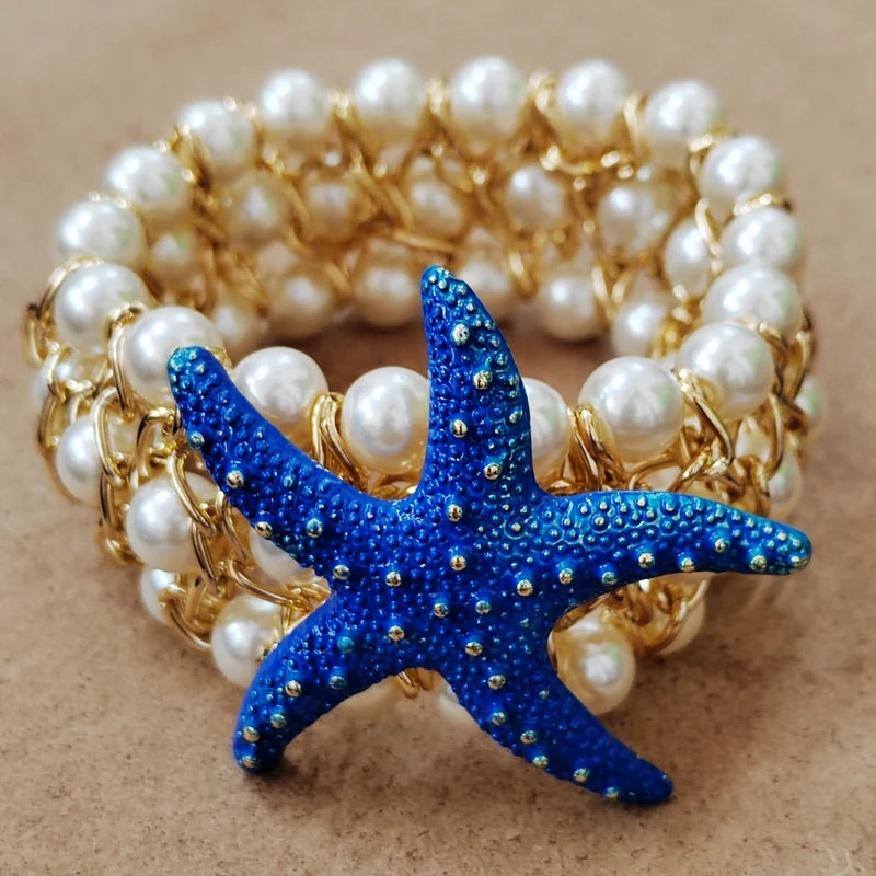 Trendy luxury Starfish Flower Elastic Pearl Bracelet Bangle Jewelry For Women Party Gift