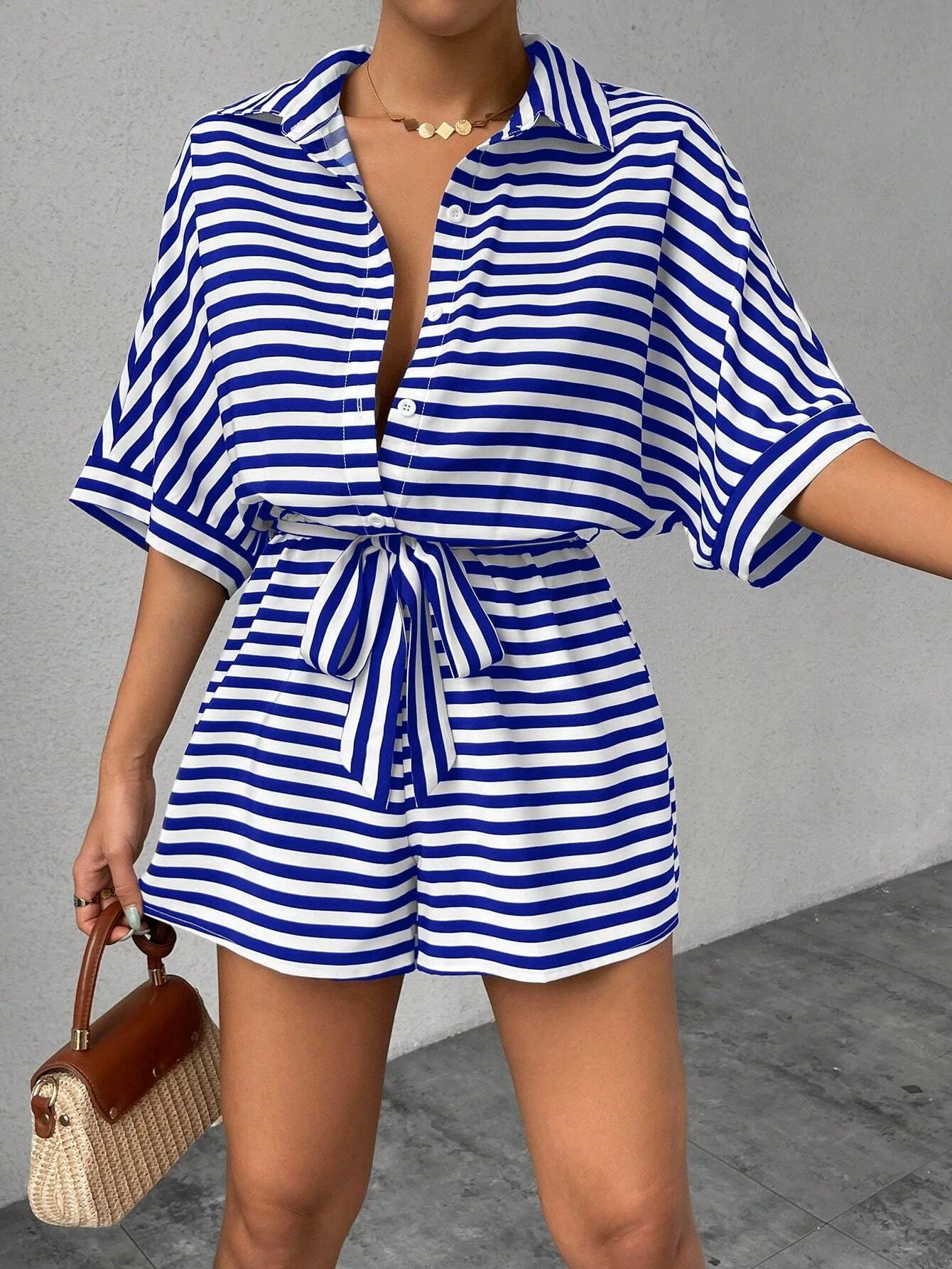 Summer New Set For Women's Casual Loose Comfortable Outfit Fashion Striped Batwing Sleeve Shirt Top+ Shorts 2-piece Sets Woman