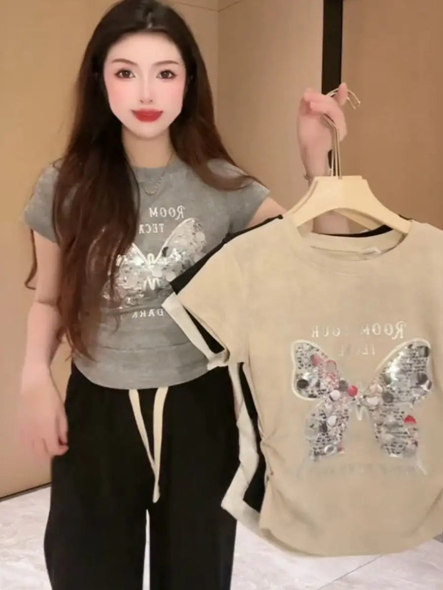 Sequin Butterfly Short Sleeved Full Shoulder T-shirt Women 2024 Summer New Casual Fashion Pleated Waist Slimming Top