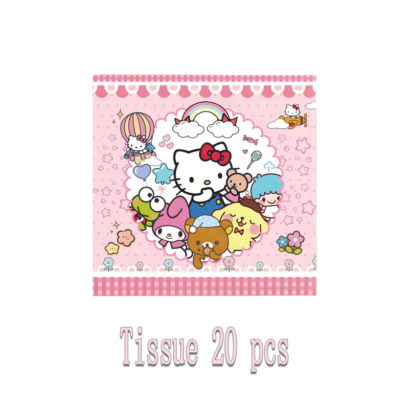 kawaii Sanrio Birthday Party cutlery plate Disposable Banner Cake Topper Hanging Flag Hello Kitty Balloons Birthday Decorations