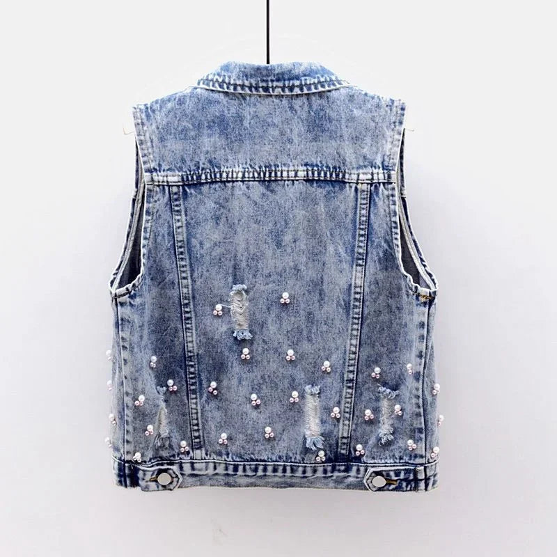 Women Denim Vest Jacket New Autumn Embroidery Beads Sleeveless Vintage Hole Jeans Vest Jacket Overcoat Female Tops Waistcoat