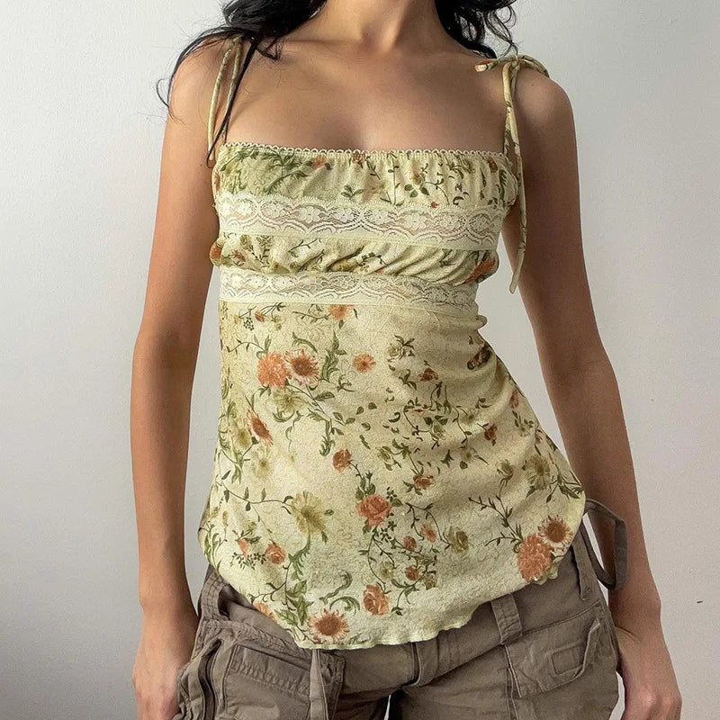 y2k Coquette Tops Women Fairycore Clothing Floral Lace Trim Patchwork Spaghetti Strap Sleeveless Camisole Vest Streetwear
