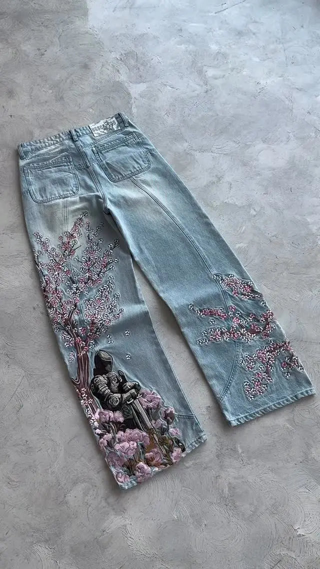 メンズ レディース チェリーブロッサムナイト オール刺繍 デニムパンツ Y2K ヴィンテージ バギー ストリート ストレートジーンズ ハイウエスト ウォッシュ加工 ブルージーンズ