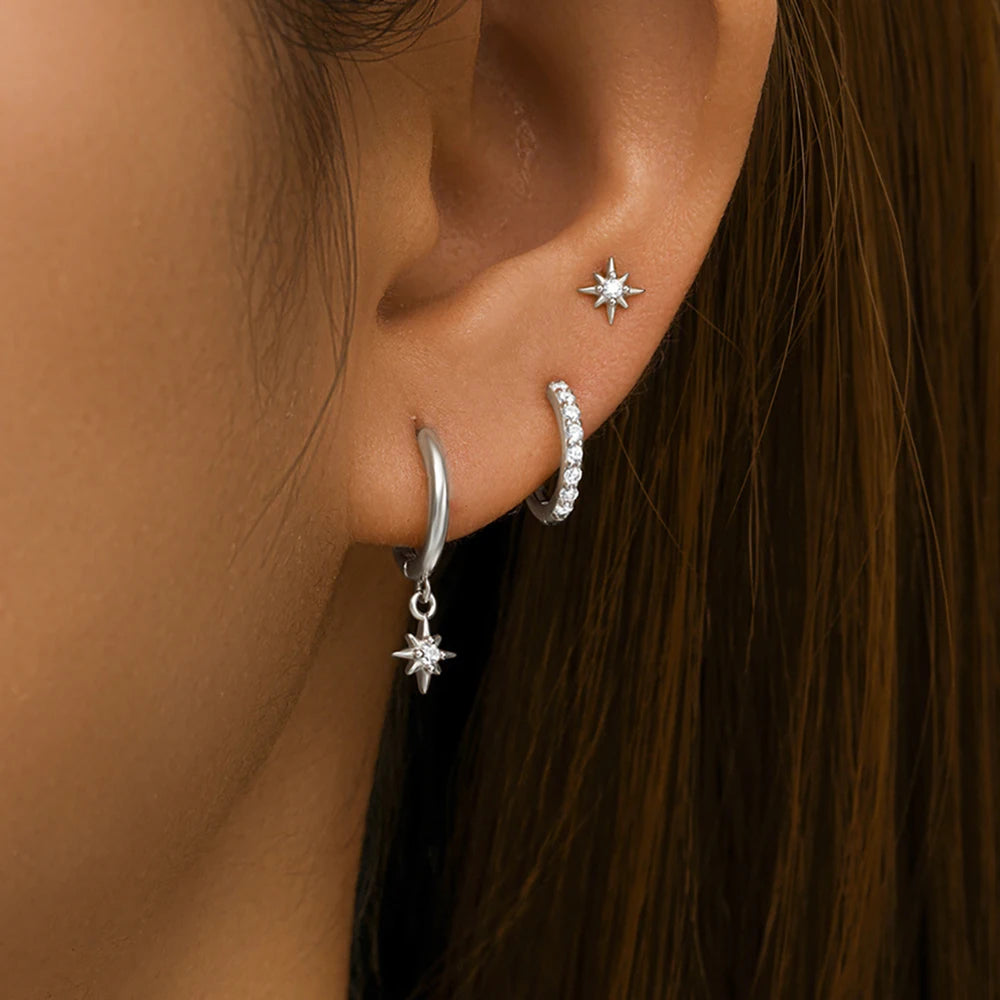 3 Piece Fashion Stainless Steel Round Star Drop Earrings Set for Women 18K Gold Plated Dangle Earring Punk Unisex Rock Jewelry
