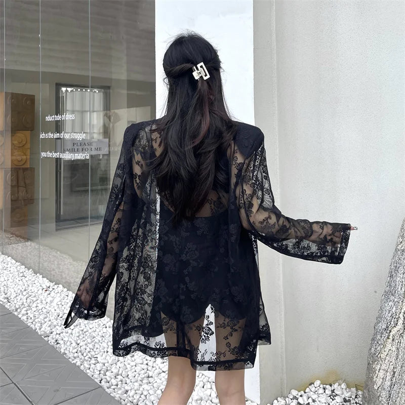 Women Clothing Summer Thin Jackets 2025 Ropa Mujer Patchwork Lace Temperament Coat Sexy Y2k Tops See Through Oversized Outwear