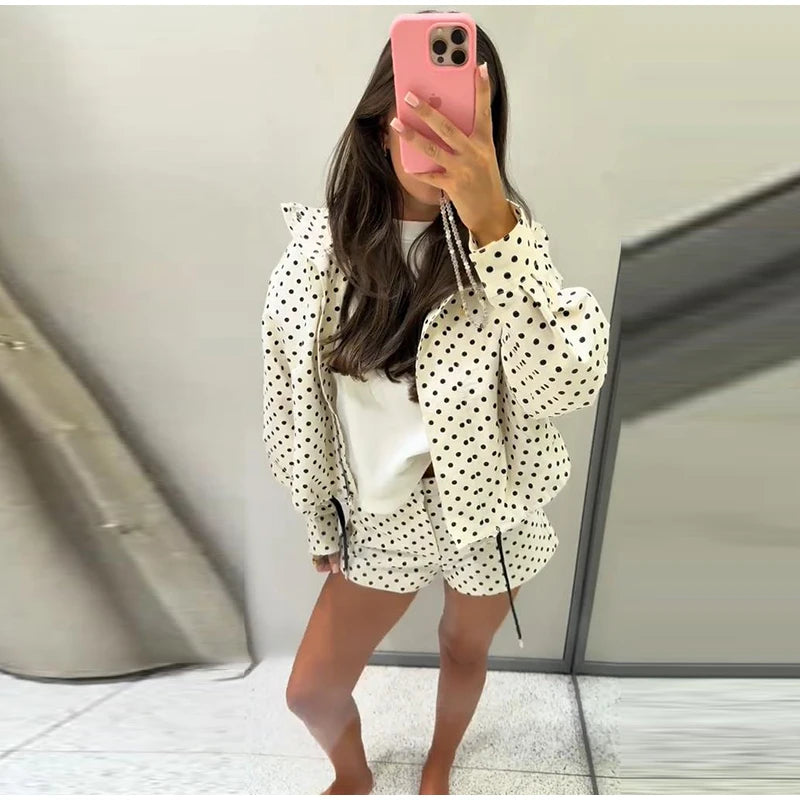 Polka Dot Print Shorts Coats Suits Women Loose High Neck Long Sleeves Zipper Drawstring Sets Female 2025 Autumn New Chic Set