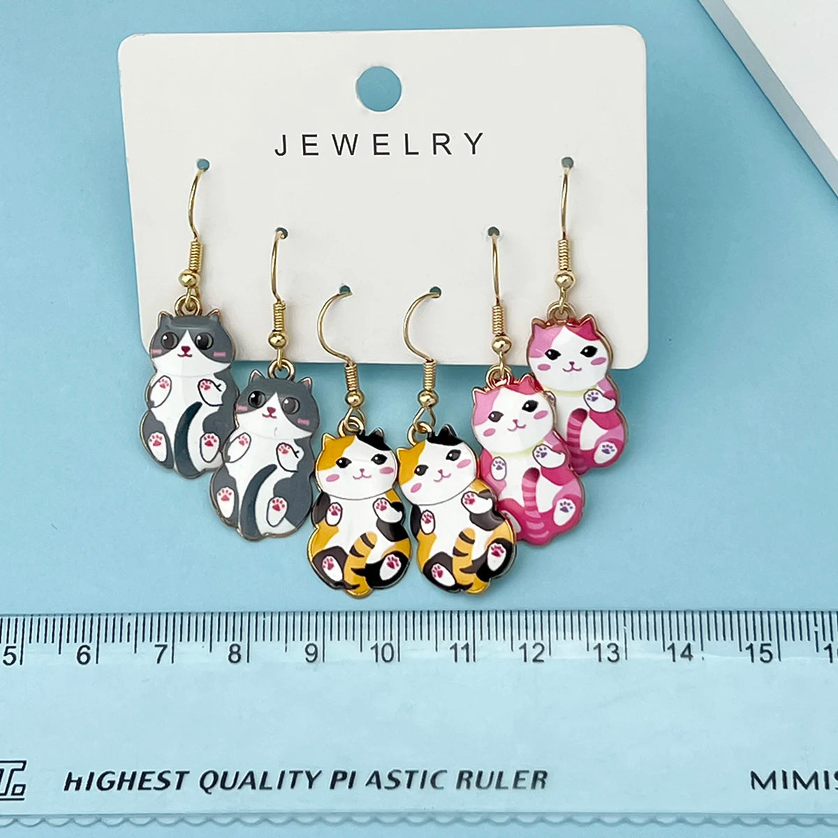 3Pairs/Set New Fun and Cute Enamel Alloy Cat Dangle Earrings Cartoon Style Colored Cat Ear Jewelry Set Gift For Women Girls