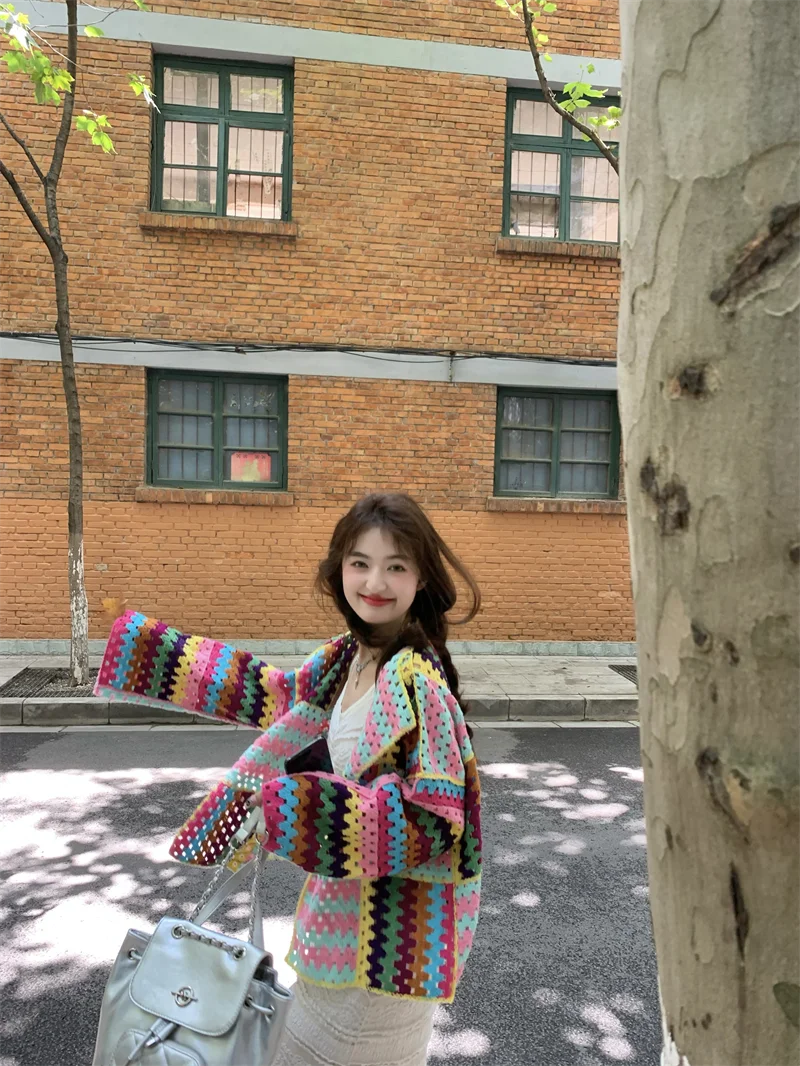SALIENCY Colorful Crochet Knit Hollow Cardigan Sweater Jacket Women Spring Top Loose Short Knitwear