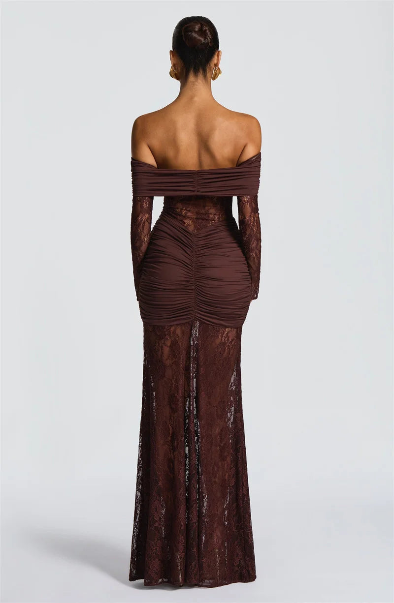 Mozision Off-shoulder Long Sleeve Sexy Maxi Dress Women Fashion Lace See Through Strapless Backless Bodycon Club Party Dresses