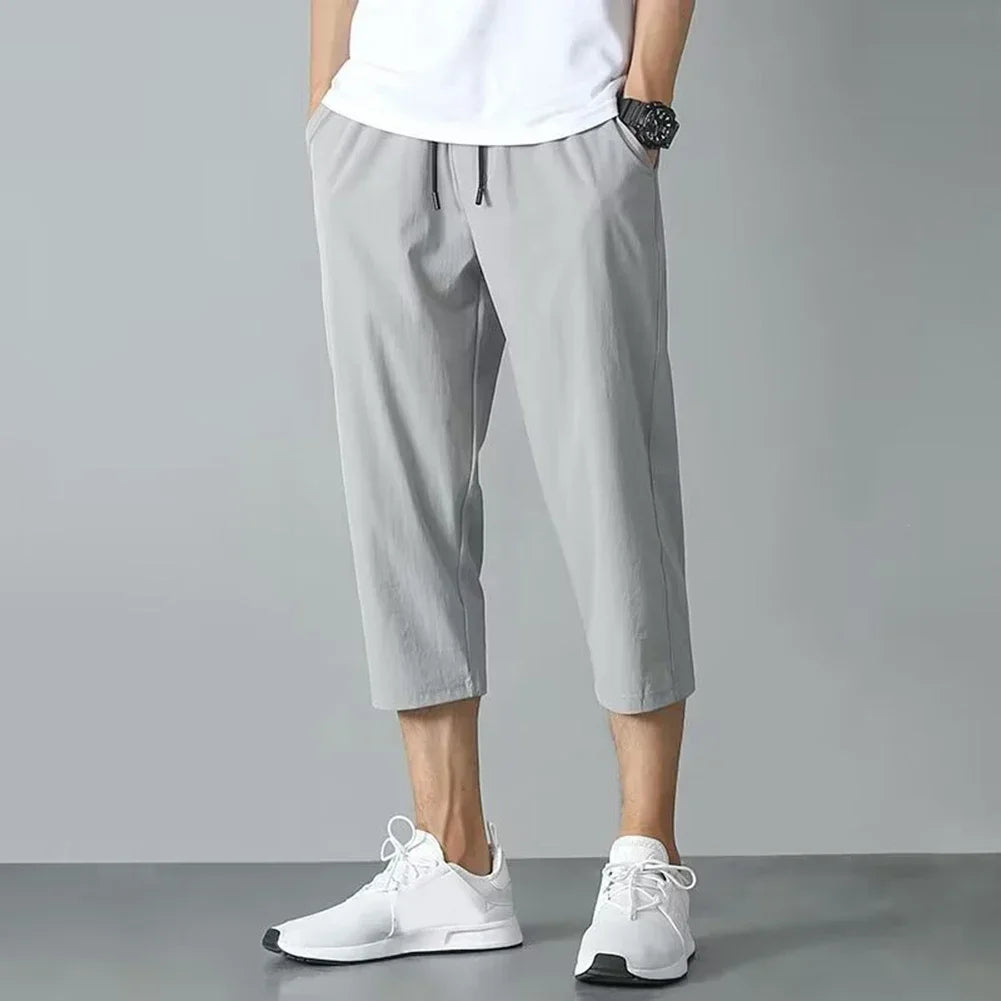 2025 New Summer Men's Ice Silk Pants Hong Kong Style Trendy Loose-Fit Straight-Leg Cropped Pants Korean Version Casual Pants