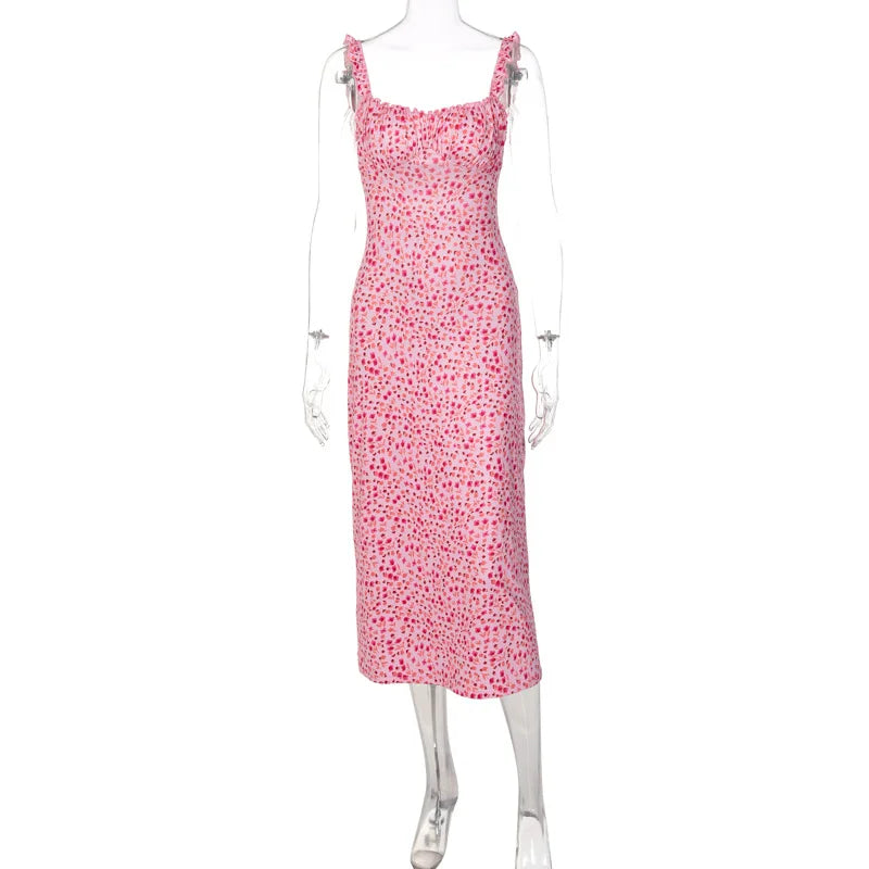 Hbenna Summer Dresses For Women Floral Print Sexy Y2K Ankle-Length Party Dresses Women Skinny Spaghetti Strap Long Dresses Pink