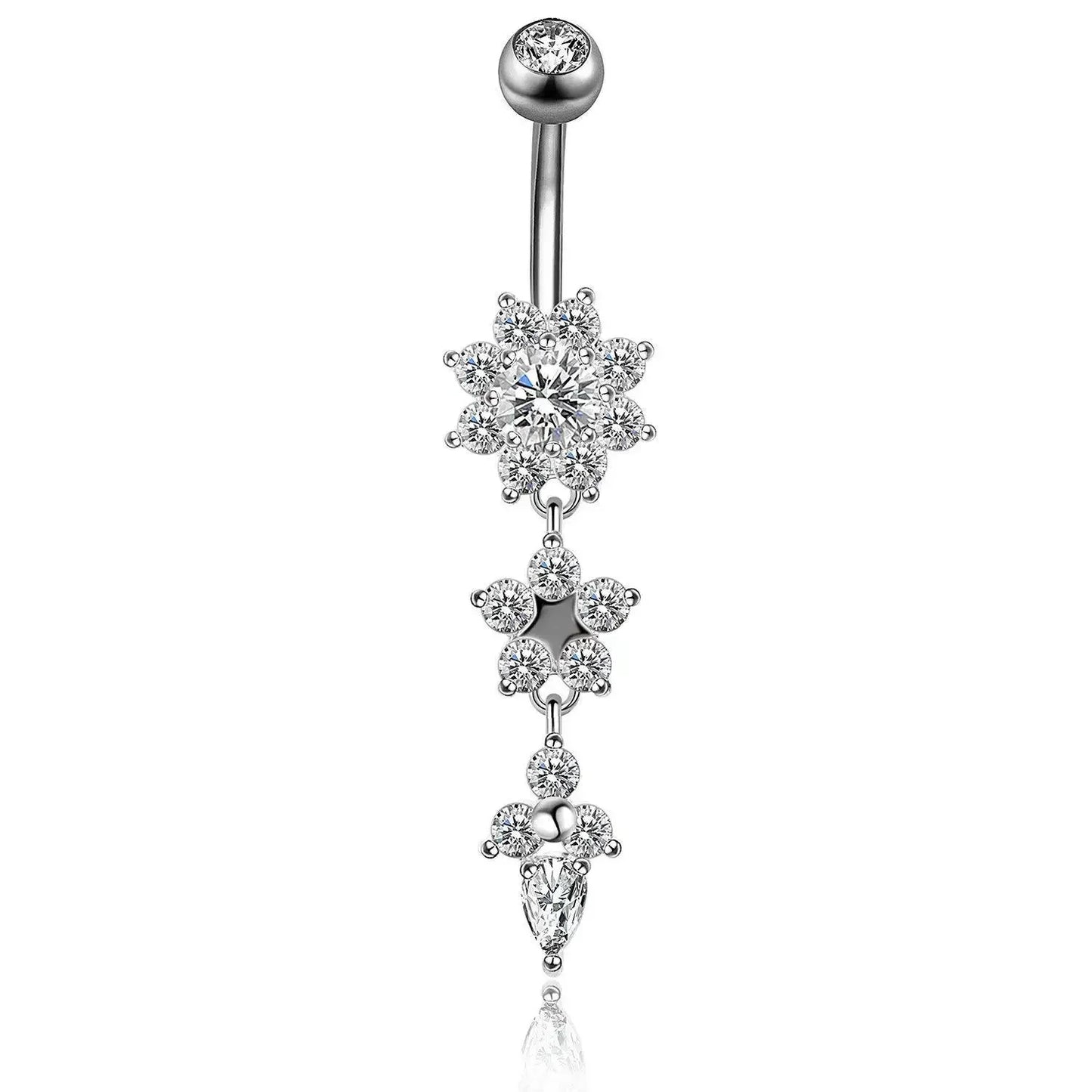 Alloy Zircon Navel Nail Ring Crystal Bar Barbell Drop Flower Dangle Body Piercing Belly Button Rings Men Women Body Jewelry Gift
