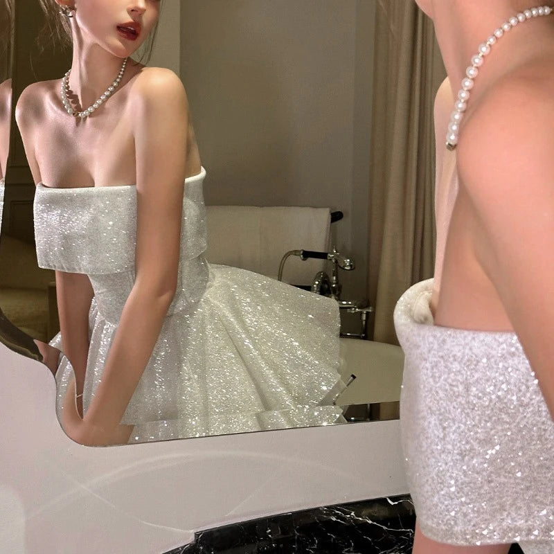 Elegant Glitter Hight Waist Solid Party Dress Fashion Backless Slim Evening Dress Sexy Strapless Sleeveless Bodycon Mini Dresses