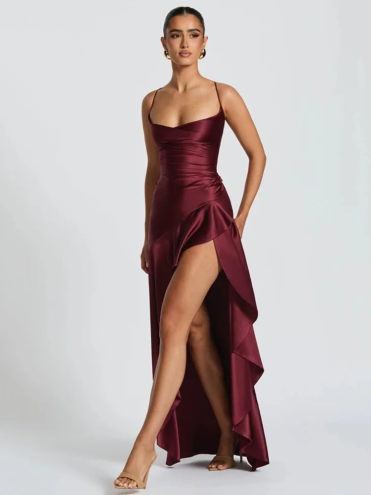 Articat Elegant Spaghetti Strap Satin Split Maxi Dress Women Sexy Backless Bodycon Party Evening Dress Summer Holiday Beachwear