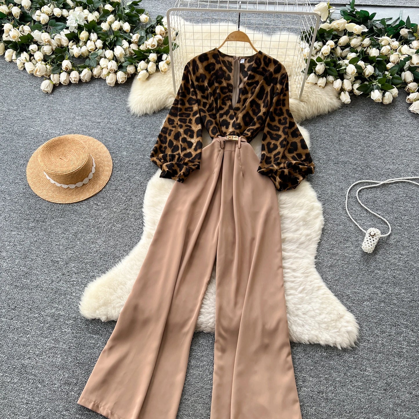 SINGREINY Autumn Leopard Long Jumpsuits V Neck Long Sleeves Belt Wide Legs Pants Women American Retro Senior Office Lady Rompers